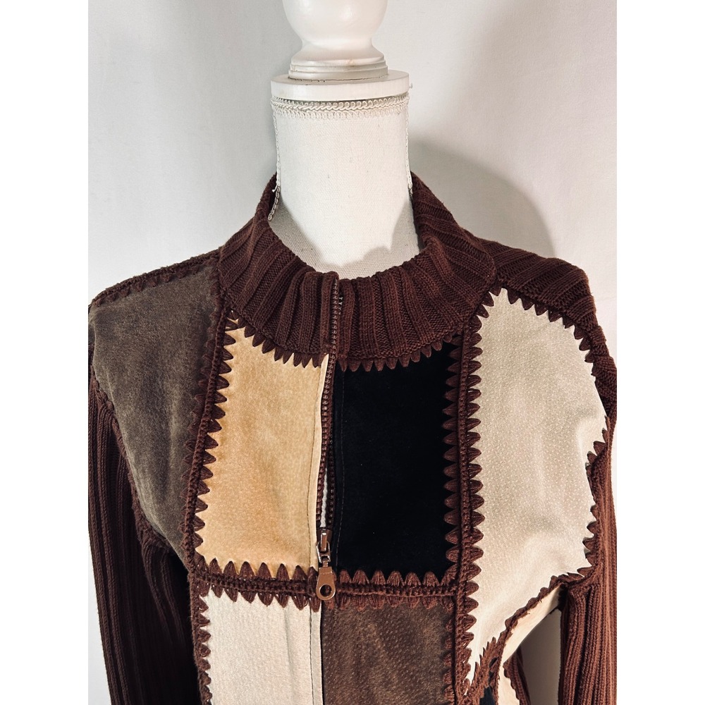 Vintage Patchwork Suede Knit Full Zip Jacket Brown Tan Mock Neck Boho Large - Picture 3 of 11